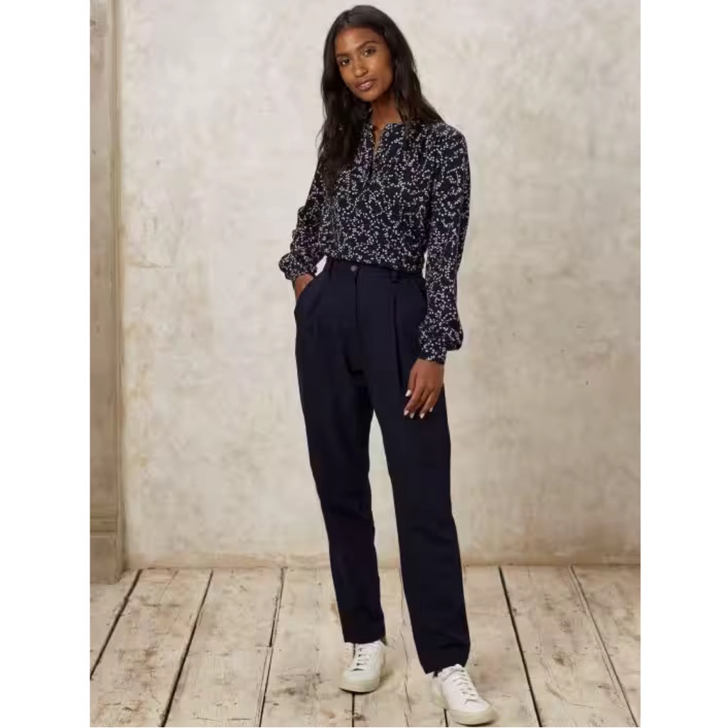 People Tree New Annis Organic Cotton Twill Pleated High Rise Trousers Navy Us 12